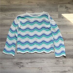 SHEIN Multicolor Wavy Crochet Knit Sweater - White, Aqua, Mint & Sky Blue